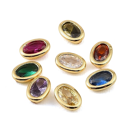 Brass Pave Cubic Zirconia Cabochons, Oval, Faceted, Pointed Back, Rack Plating, Long-Lasting Plated, Cadmium Free & Lead Free, Real 18K Gold Plated
