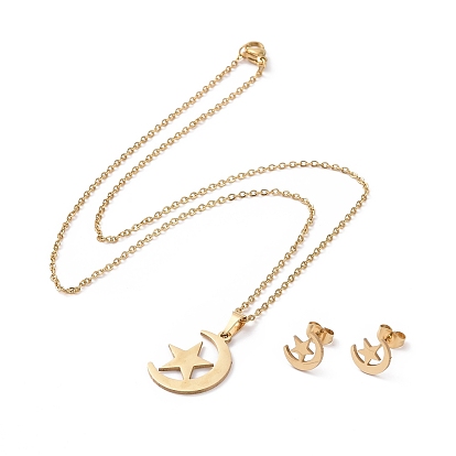 304 aretes y collar colgante de luna y estrella de acero inoxidable, conjunto de joyas para mujer