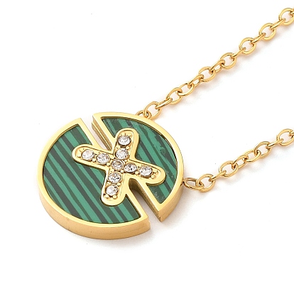 Flat Round with Cross Vacuum Plating 04 Stainless Steel Pendant Necklace, with Rhinestone & Acrylic