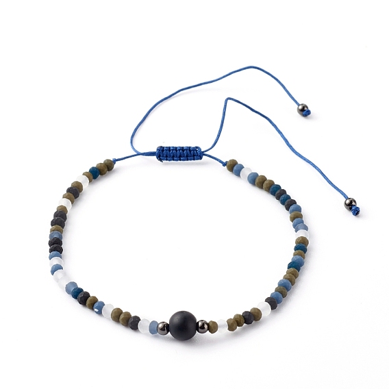 Adjustable Natural Black Agate Beads Nylon Thread Braided Bead Bracelets, with Faceted Glass Beads