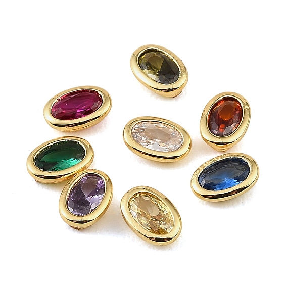 Brass Pave Cubic Zirconia Cabochons, Oval, Faceted, Pointed Back, Rack Plating, Long-Lasting Plated, Cadmium Free & Lead Free, Real 18K Gold Plated