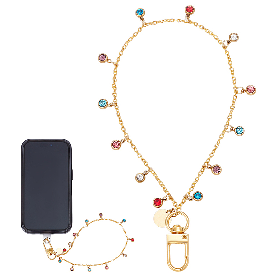 201 плоские круглые цепочки для телефона со стразами из нержавеющей стали, с железной кабельных цепей, с поворотными застежками