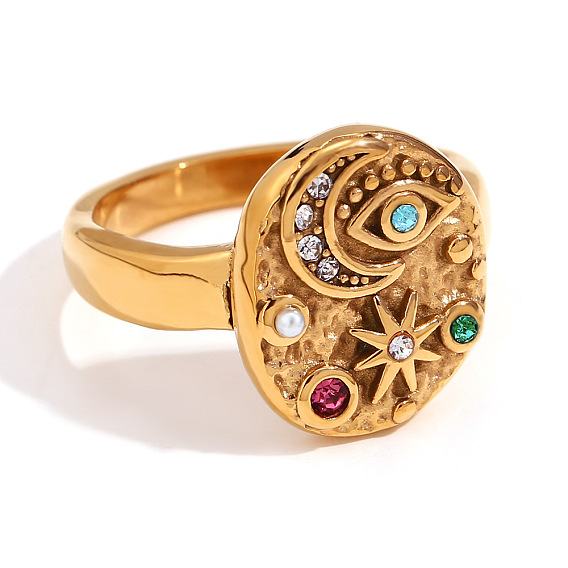 304 Stainless Steel Rhinestone Finger Rings, Flat Round with Moon Sun, Evil Eye