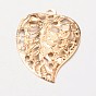 Filigree Leaf Iron Pendants, Etched Metal Embellishments, 21x16x1.2mm, Hole: 1mm