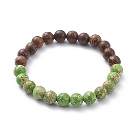 Stretch Bracelets, with Gemstone Beads and Wood Beads, Round