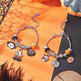 2Pcs Halloween Alloy Enamel Charm Bracelets, Brass European Style Bracelets for Women, with Resin European Beads