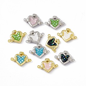 Natural Shell Connector Charms, Heart Links with Hands, Dyed, with Rack Plating Brass Findings, Long-Lasting Plated