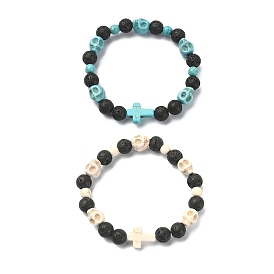 Dyed Natural & Synthetic Mixed Gemstone Skull & Cross Beaded Stretch Bracelets
