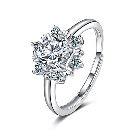 Simple Zircon Snowflake Open Ring with Diamond Inlay - Minimalist Jewelry