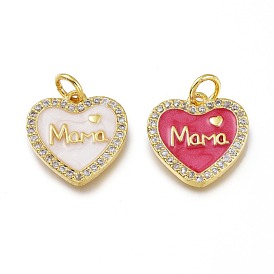 Mother's Day Theme Real 18K Gold Plated Brass Micro Pave Clear Cubic Zirconia Enamel Charms, Long-Lasting Plated, with Jump Rings, Lead Free & Cadmium Free, Heart with Word MaMa