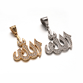 Allah 304 pendentifs en strass en acier inoxydable, pendentifs arabes, 38x32x3mm, Trou: 10x7mm