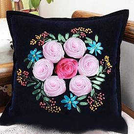 DIY Flower Pattern Pillow Embroidery Kits, Including Pillowcase, Embroidery Thread & Needle