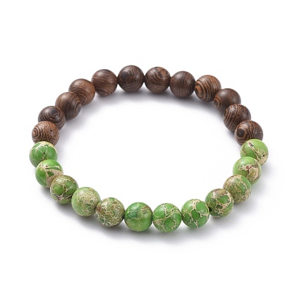 Stretch Bracelets, with Gemstone Beads and Wood Beads, Round