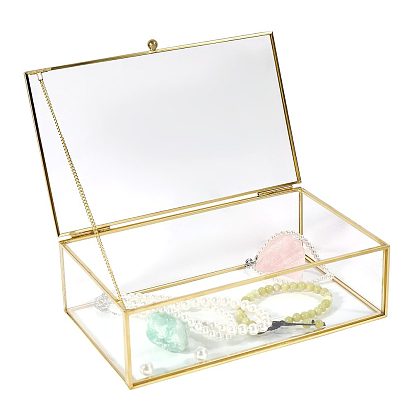 Transparent Glass Jewelry Organizer Display Cases with Metal Frame, Golden, Rectangle