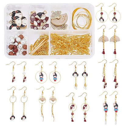 DIY Earring Making Kits, Including Alloy Pendants & Links, Brass Chains & Linking Rings & Earring Hook & Jump Rings & Pins, Glass Pearl Beads, Polycotton Tassel & 304 Stainless Steel Pendants