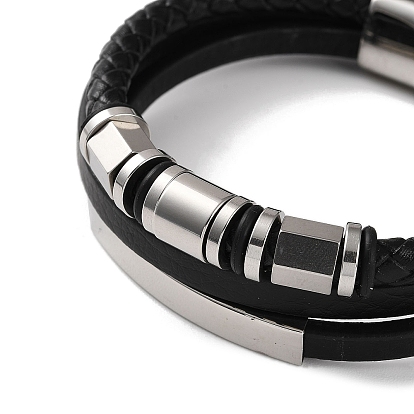 Men's Braided Black PU Leather Cord Multi-Strand Bracelets, Rectangle & Column 304 Stainless Steel Link Bracelets with Magnetic Clasps