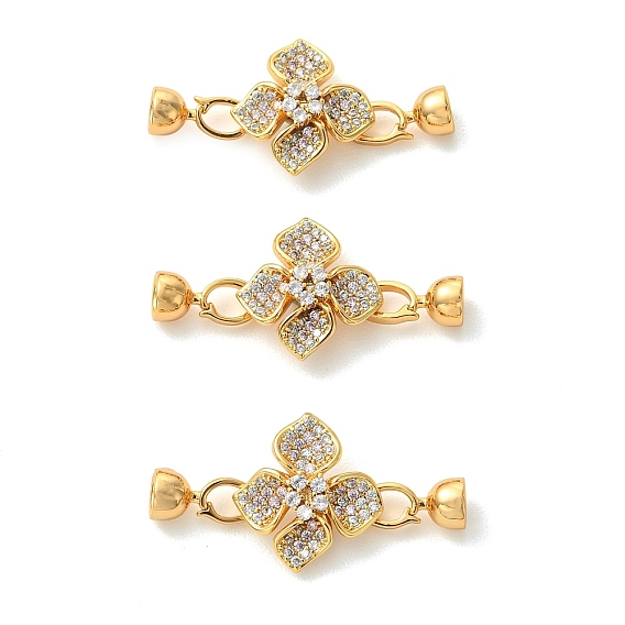 SHEGRACE Brass Micro Pave Clear Cubic Zirconi Fold Over Clasps, Flower, Cadmium Free & Lead Free & Nickel Free