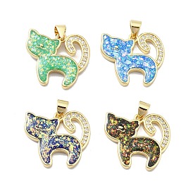 Brass Micro Pave Clear Cubic Zirconia Pendants, with Sythetic Opal, Cat Shape, Real 18K Gold Plated
