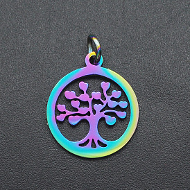 Ion Plating(IP) 201 Stainless Steel Pendants, with Jump Ring, Laser Cut, Ring with Tree of Life