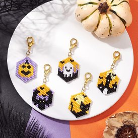 5Pcs Halloween Glass Seed Beaded Pendant Decorations, Hexagon, with Zinc Alloy Lobster Claw Clasps