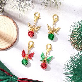 4шт 4 цвета латунные колокольчики подвески украшения, со стеклянными бусинами и застежками-карабинами из сплава