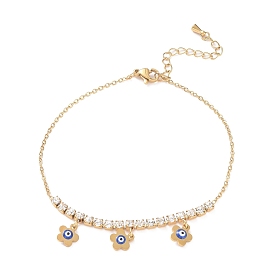 Enamel Evil Eye Flower Charm Anklet with Rhinestone Chains, Ion Plating(IP) 304 Stainless Steel Jewelry for Women