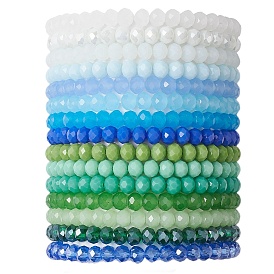 15 Colors Faceted Rondelle Glass Beaded Stretch Bracelet Sets, Stackable Bracelets