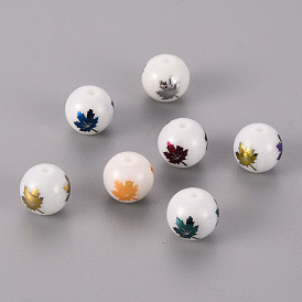 Electroplate Glass Beads, Round, Maple Leaf Pattern