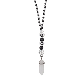 Glass & Synthetic Black Stone Beaded Pendant Decorations, with Natural Quartz Crystal Pointed Charms for Car Hanging Decoration