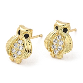 Rack Plating Brass Owl Stud Earrings with Cubic Zirconia, Lead Free & Cadmium Free