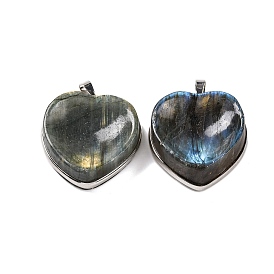 Natural Labradorite Pendants, Heart Charms with Platinum Plated Rack Plating Brass Snap on Bails