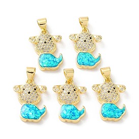 Rack Plating Brass Micro Pave Cubic Zirconia Puppy Pendants, Synthetic Opal Dog Charms with Snap on Bail, Cadmium Free & Lead Free, Long-Lasting Plated, Real 18K Gold Plated