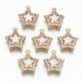 Brass Glass Rhinestone Charms, with Micro Pave Cubic Zirconia, Long-Lasting Plated, Cadmium Free & Lead Free, Star