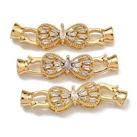 Brass Micro Pave Cubic Zirconia Fold Over Clasps, Real 18K Gold Plated, Bowknot