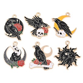 Alloy Pendants, with Enamel, Moon & Sun & Raven & Skull Charm, Light Gold