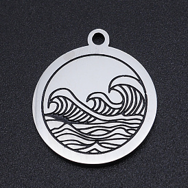 201 Stainless Steel Etched Pendants, Flat Round with Waves