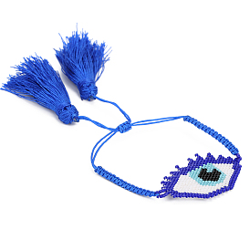 Glass Seed Braided Bead Bracelet with Double Tassel, Evil Eye Friendship Bracelet for Women