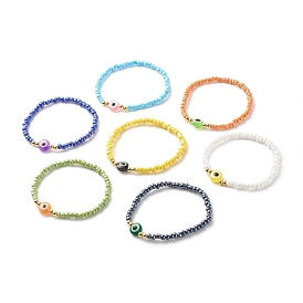 Glass Seed Beads Stretch Bracelets Set, Flat Round with Evil Eye Resin Beads Lucky Bracelets for Women