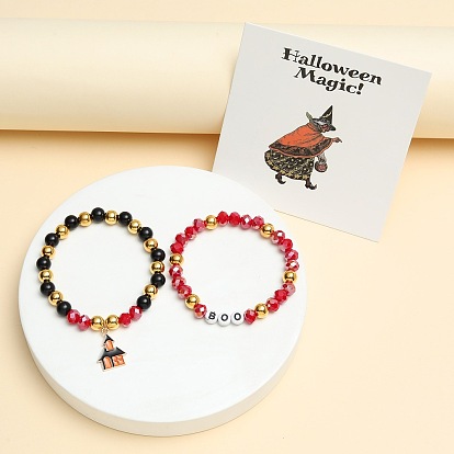 Colorful Halloween Resin Beaded Elastic Bracelet with Oil Drop Letters and Alloy Charms