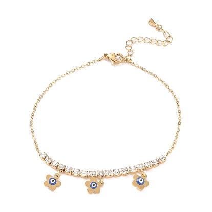 Enamel Evil Eye Flower Charm Anklet with Rhinestone Chains, Ion Plating(IP) 304 Stainless Steel Jewelry for Women