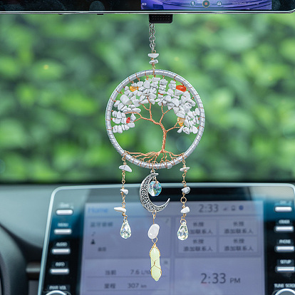 Copper Wire Wrapped Natural Howlite Chips Tree of Life Hanging Ornaments, with Iron Ring and Metal Moon Charm, for Car Decorations