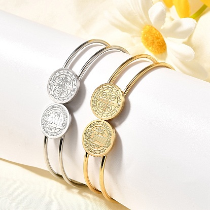 201 браслеты из нержавеющей стали для женщин, плоский круг со святым бенедиктом и крестом