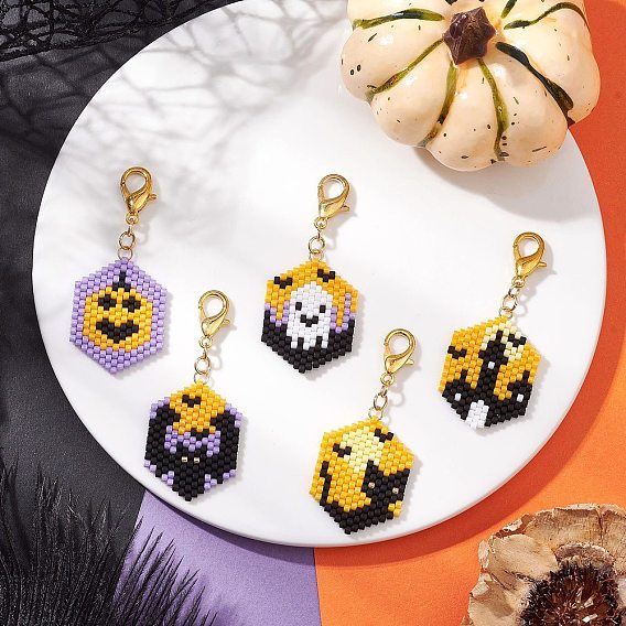 5Pcs Halloween Glass Seed Beaded Pendant Decorations, Hexagon, with Zinc Alloy Lobster Claw Clasps