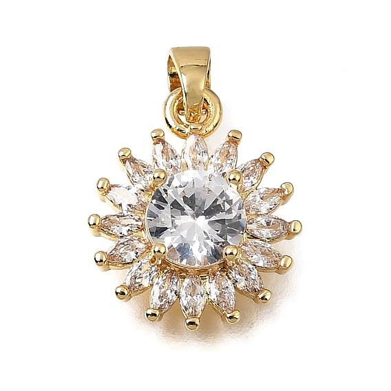 Brass Micro Pave Clear Cubic Zirconia with Glass Pendants, Sunflower Charms, Rack Plating, Long-Lasting Plated, Cadmium Free & Lead Free