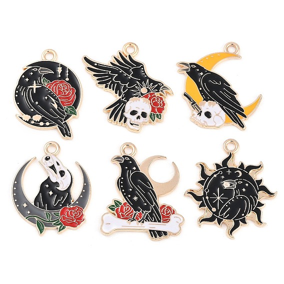Подвески из сплава , с эмалью, подвеска луна и солнце и ворон и череп, золотой свет