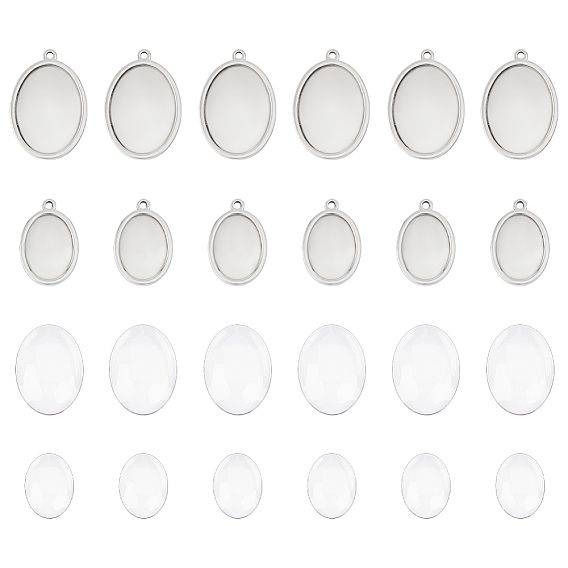12шт 2 стили 304 настройки подвески из нержавеющей стали кабошон, овальные, с 12шт. 2 стилями прозрачных овальных стеклянных кабошонов