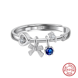 Rhodium Plated 925 Sterling Silver Adjustable Rings for Women, with Cubic Zirconia Flat Round & Bowknot Charms