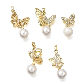 Brass Micro Pave Clear Cubic Zirconia with ABS Imitation Pearl Pendants, Butterfly Charms, Rack Plating, Long-Lasting Plated, Cadmium Free & Lead Free, White