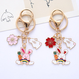 Cartoon Metal Long Ear Rabbit Keychain Alloy Cherry Blossom Bunny Pendant Rainbow Couple Bag Decoration