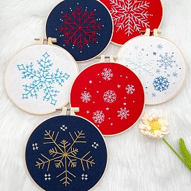 Christmas Snowflake DIY Embroidery Kits, Including Embroidery Cloth & Thread, Needle, Embroidery Hoop, Instruction Sheet